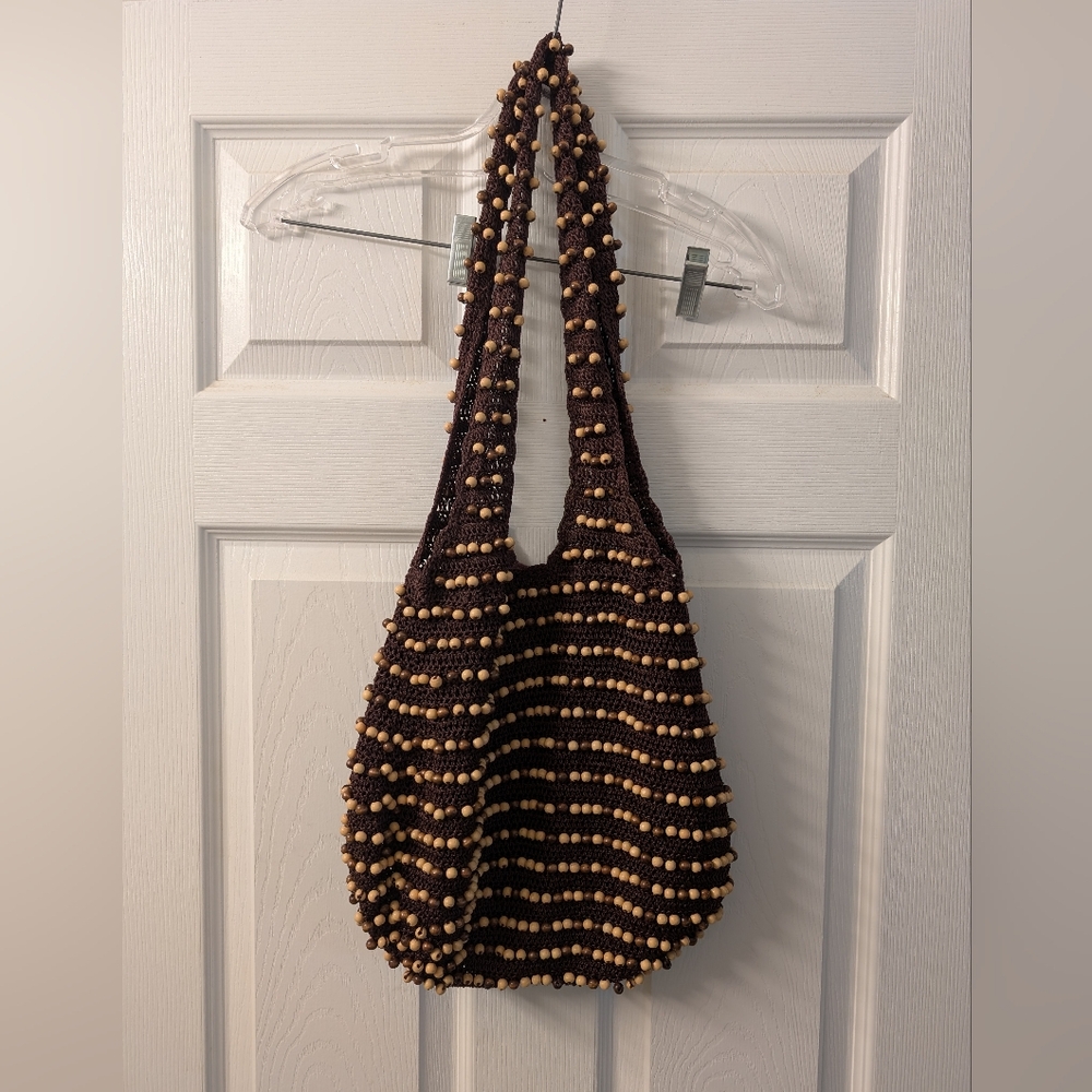 Brown Beaded & Crocheted Women's Boho Style Bag Purse